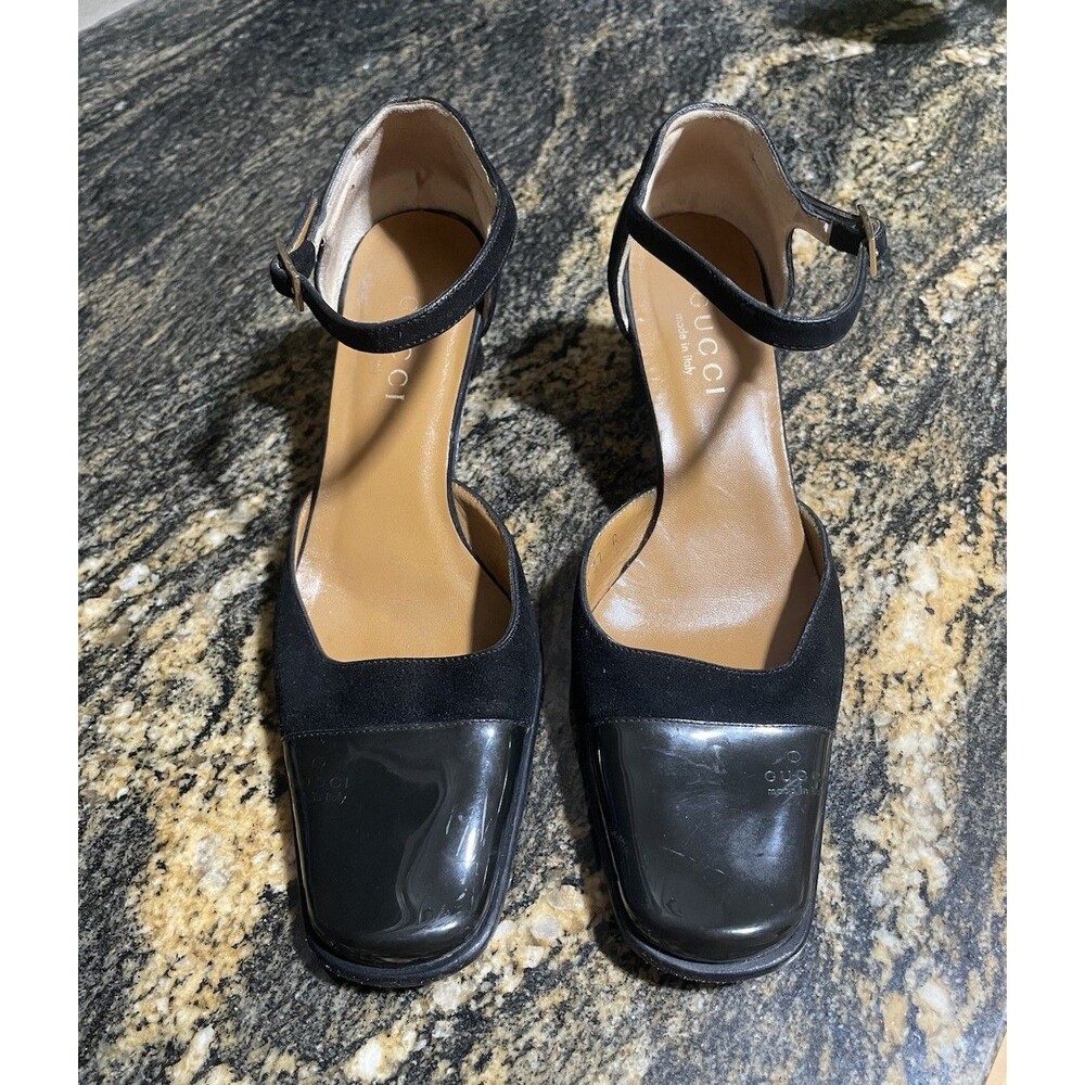 Vintage Gucci Black Suede & Patent Leather Slingback Heels Size 37 Tom Ford Era